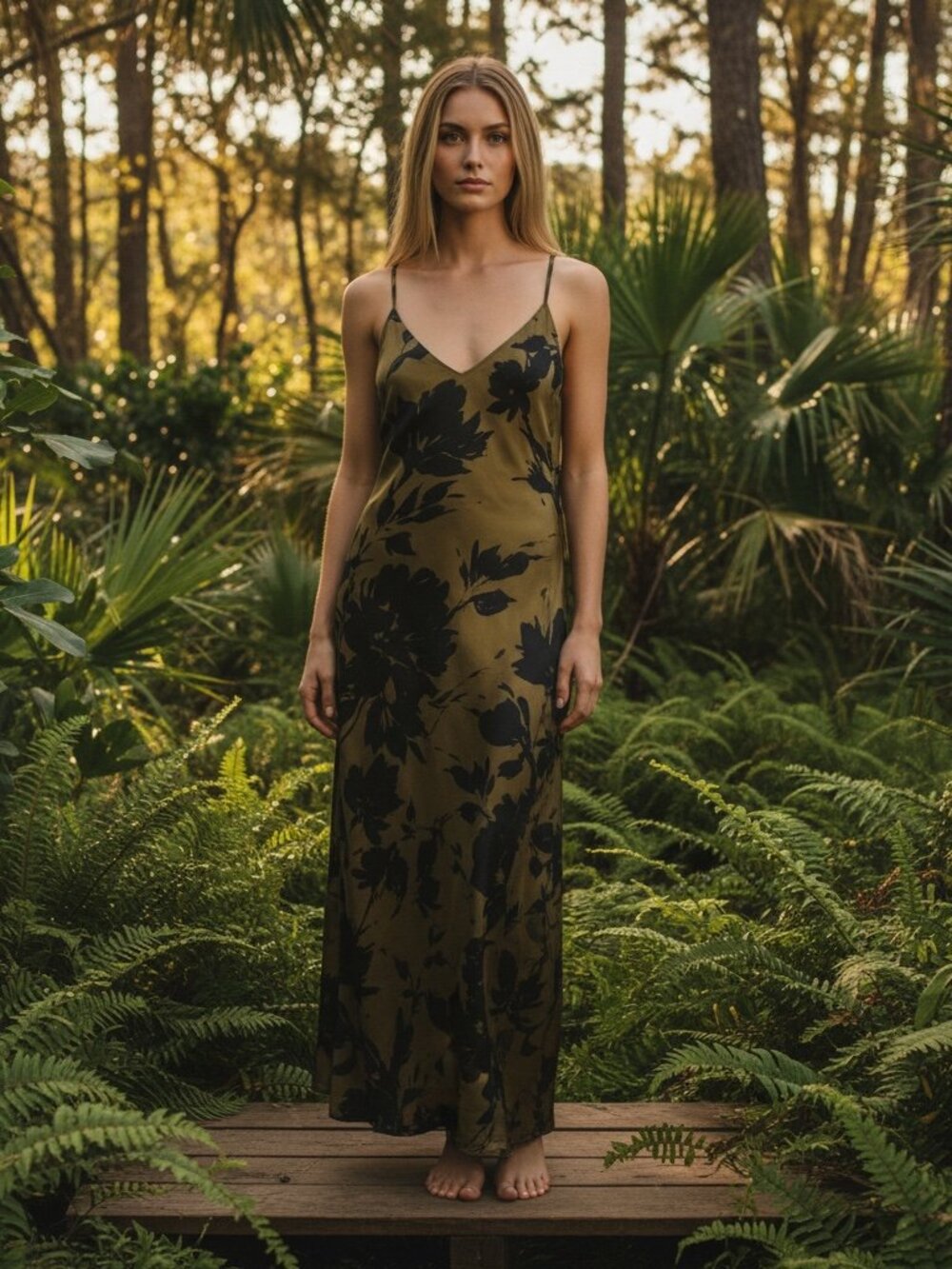 Nicole Miller Olive Black Floral Maxi Dress M Built In Bra Resort
